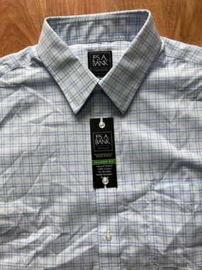 NWT Jos A Bank Traveler Tailored Fit Blue White Check Cotton Mens 17-36 Shirt